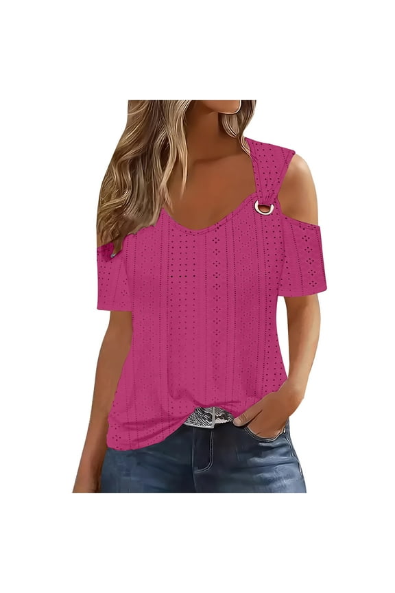 Sexy Clod Sholuder Eyelet Tops for Women 2024 Summer O Ring Hollow Out Short Sleeve V Neck T Shirts Loose Going Out Solid Color Tee Blouses,Hot Pink,S