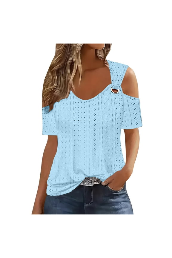 Sexy Clod Sholuder Eyelet Tops for Women 2024 Summer O Ring Hollow Out Short Sleeve V Neck T Shirts Loose Going Out Solid Color Tee Blouses,Blue,XXL
