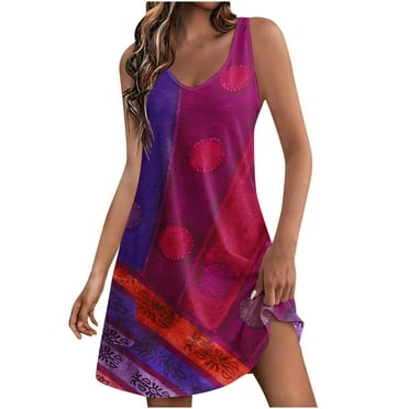 LMKIHUSA Summer Dresses for Women 2024 Beach Loose Sleeveless V Neck Sleeveless Swing Dress Casual Loose Fit Lightweight Sundresses with Pockets,Red S