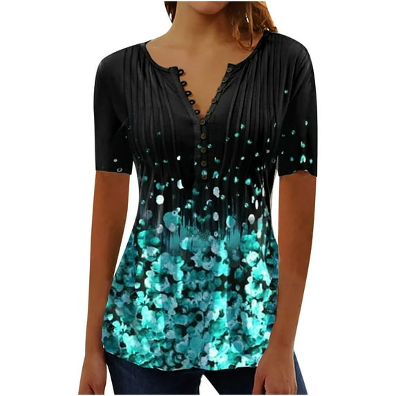 LMKIHUSA Summer Tops for Women 2024 Trendy Short Sleeve Shirt Pleated V-neck Floral Print Blouses Casual Loose Flowy Boho Tee Shirts,Sky Blue,S