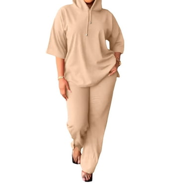 LMKIHUSA Sweat Suit Sets Women 2 Piece Outfits,Women Solid Color Sets 3/4 Sleeve Drawstring Hoodie Sweatshirts Loose Top Wide Leg Pant Two Piece Set Casual Work Suit Tracksuit,Khaki,XXL