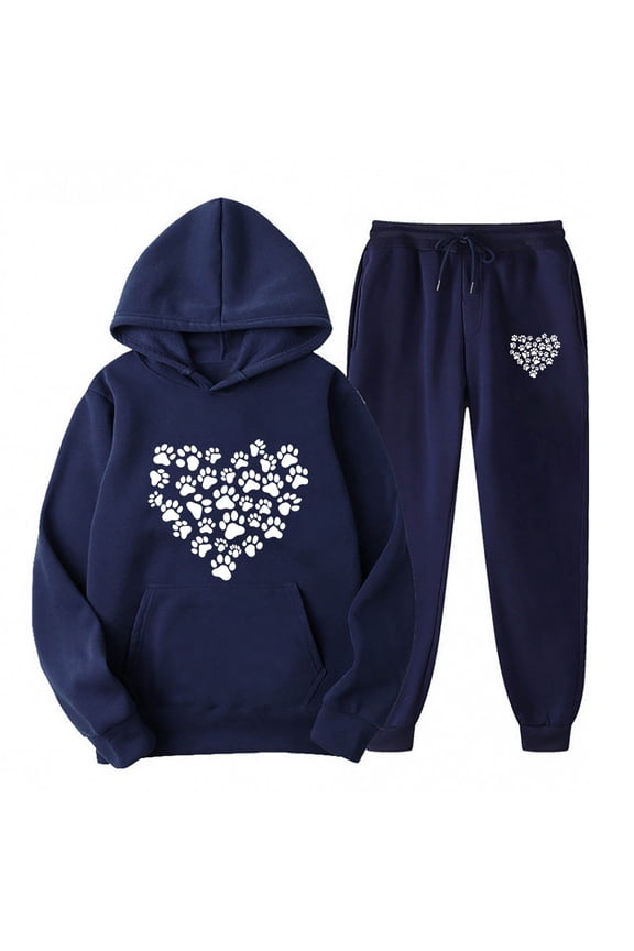 Sweat Suit Women Plus Size,Womens Hoodie Tracksuits 2 Piece Outfits Cute Heart Print Long Sleeve Pullover Top Casual Jogger Sweatpants Lounge Set with Pockets,Dark Blue,XL