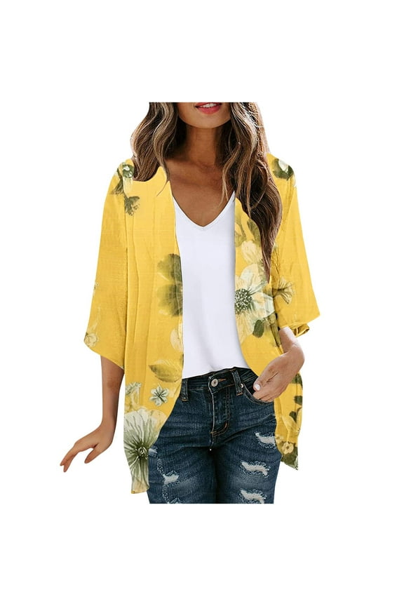 Women Kimono Cover Up,Womens Open Front Chiffon Cardigans Summer 3/4 Sleeve Floral Beach Cover Ups Casual Sheer Lightweight High Low Hem Loose Flowy Kimono,Multicolor