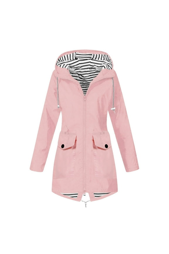Women Raincoat,Winter Jackets for Women Lightweight Windbreaker Jacket Zip Up Hooded Raincoats Waterproof Hiking Travel Rain Anorak Loose Striped Liner Long Sleeve Trench Coats,Pink,XXL