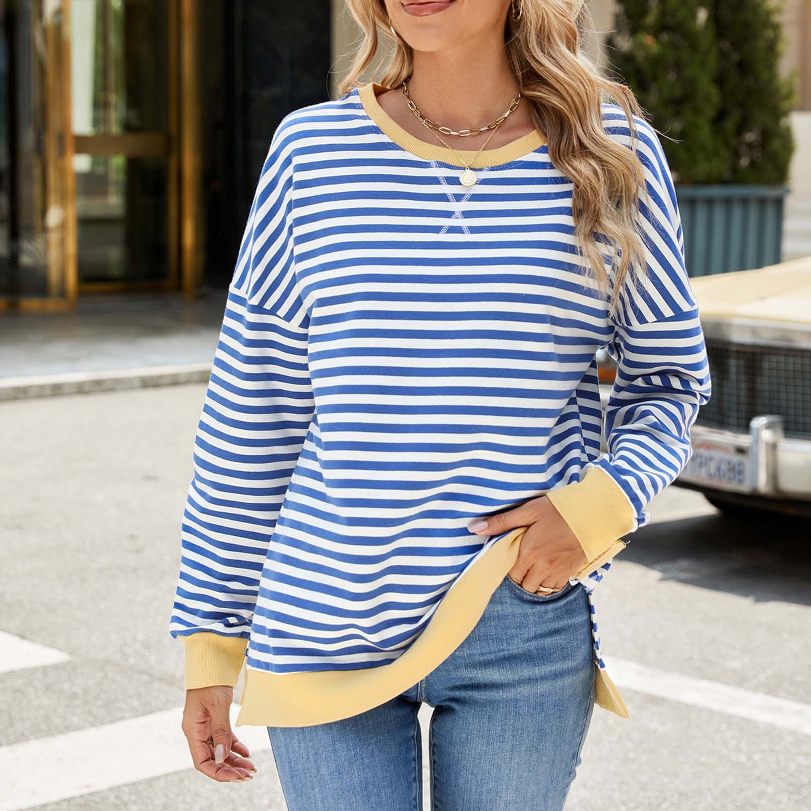 Frill Color Block Crew Neck Loose Fit T Shirt