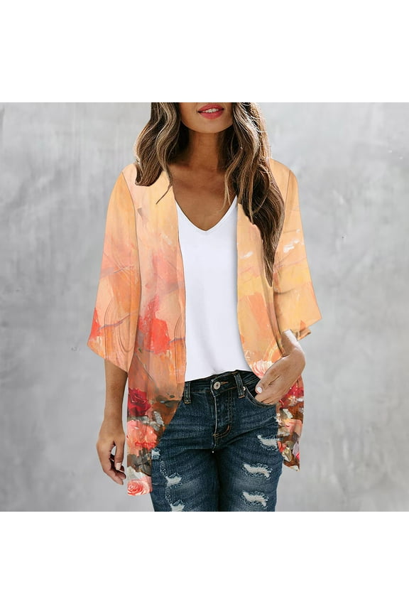 LMKIHUSA Women Summer Bikini Kimono Bathing Suit Cover Ups for Swimwear Floral Cover Ups for Women 2024 Vacation 3/4 Sleeve Shrug Cardigan Casual Loose Front Open Chiffon Swimsuit Coverup,Orange,M