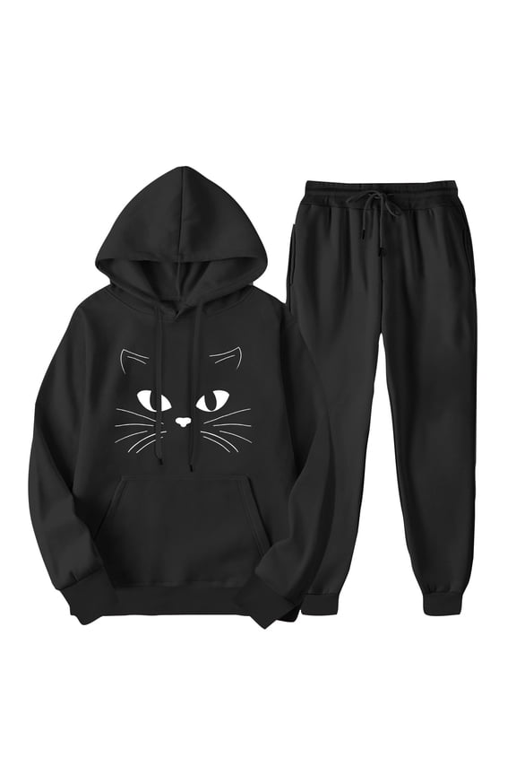 Women Sweat Outfits,Womens Hoodies Sweatsuit Set Cat Print Fleece Hooded Sweatshirt Matching Drawstring Elastic Waist Jogger Sweatpants 2 Piece Tracksuits with Pockets,Black,S