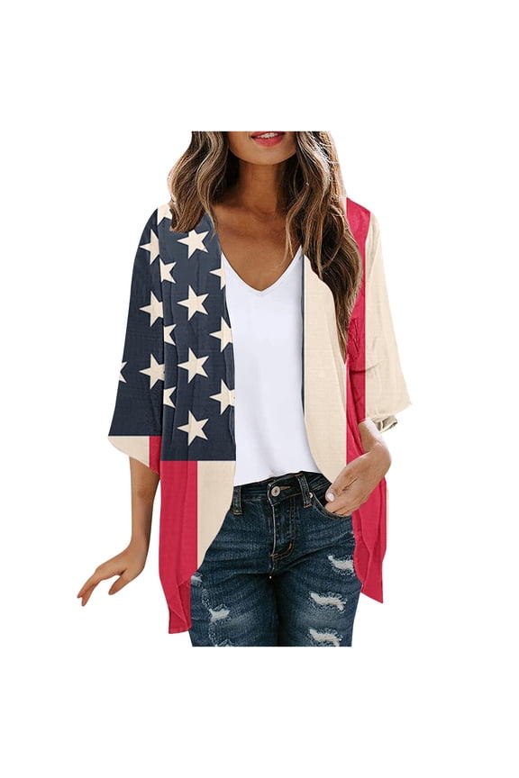Women's 4th of July Cardigan,Summer Sheer Lightweight Cardigan for Women 3/4 Sleeve Shrug Kimono Casual American Flag Star Stripe Cover Ups Loose Front Open Chiffon Coverup,Blue,XXL