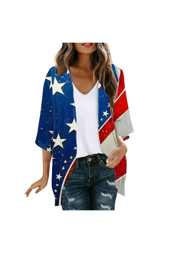 Women's 4th of July Kimono Cardigans,Summer Sheer Lightweight Cardigan Women 3/4 Sleeve Shrug Kimono Casual American Flag Star Stripe Cover Ups Loose Front Open Chiffon Coverup,Multicolor