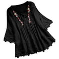 thumbnail image 1 of LMKIHUSA Women's Boho Embroidered Tops,3/4 Sleeve Cotton Linen Lace Hem V Neck Mexican Shirts Women Plus Size Loose Tunic Blouses Linen Pullover,Black,XXXXXL, 1 of 7