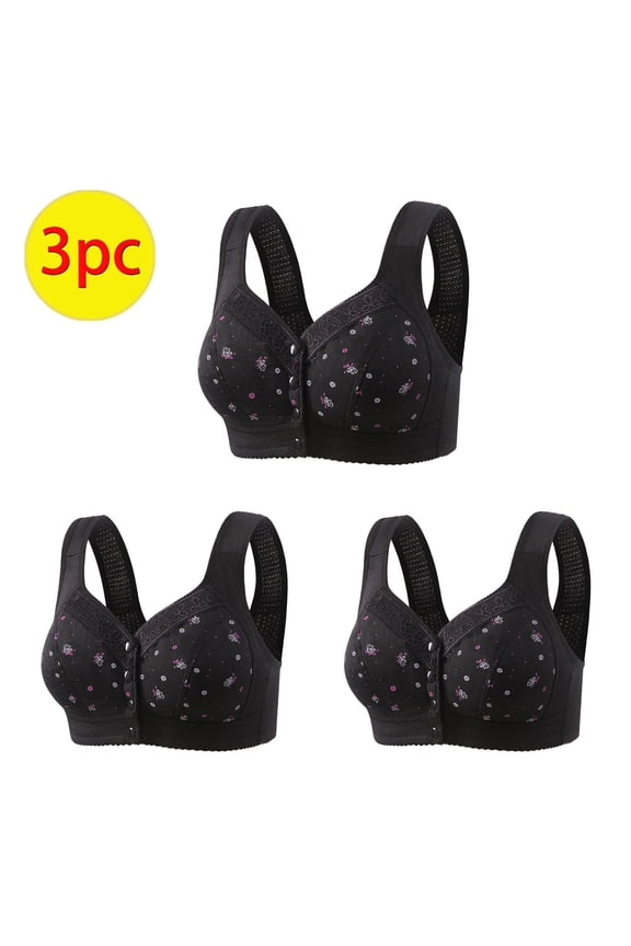 Women's Bras No Underwire Push Up,Womens 3 Pack Daisy Bra Sports Push Up Bras Front Snaps Seniors Wireless Beauty Back Full Coverage Comfor Easy Close Bras,Black,L