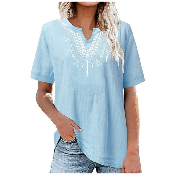 LMKIHUSA Women's Cotton Linen Embroidered Blouse Tops,2024 Summer Shirts for Women Peasant Boho Tunic Tops Casual Notch V Neck Loose Fit T-Shirt,Blue,S