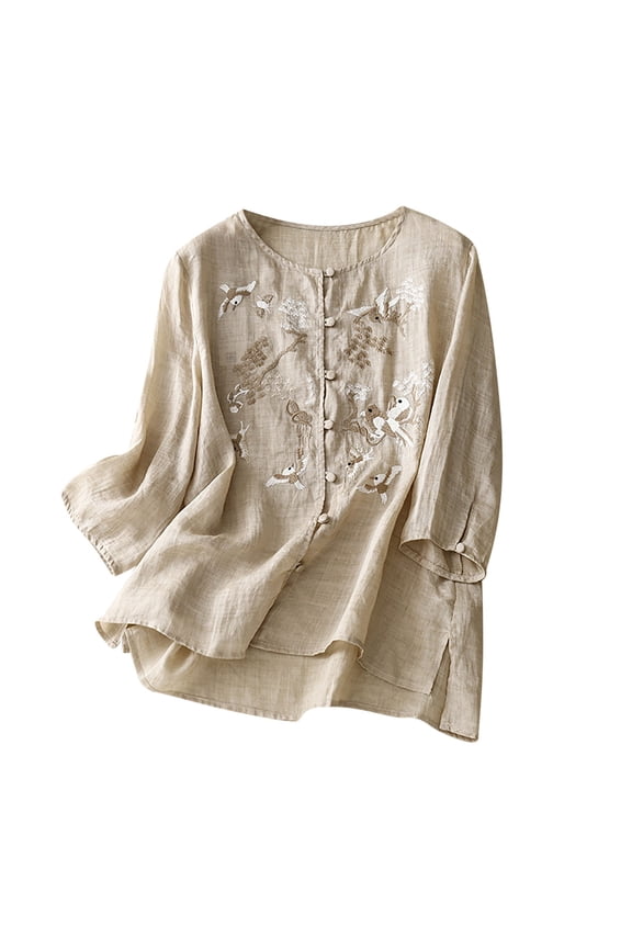 Women's Cotton Linen Embroidered Blouse Vintage Button 3/4 Sleeve Crew Neck Tops Peasant Boho Lightweight Shirts Tunic,Beige L