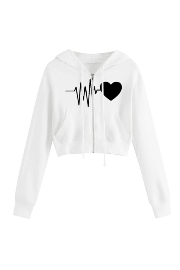 Women's Crop Zip Up Hoodies,Heart Print Cropped Hoodie jacket for Women Drawstring Long Sleeve Pockets Workout Crop Tops Cute Sweatshirts for Teen Girls,White,L