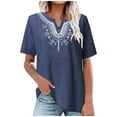 thumbnail image 1 of LMKIHUSA Women's Embroidered Blouse Cotton Linen Short Sleeve,Summer Tops Women Peasant Boho Tunic Tops Casual Notch V Neck Loose Fit T-Shirt,Navy,XL, 1 of 5