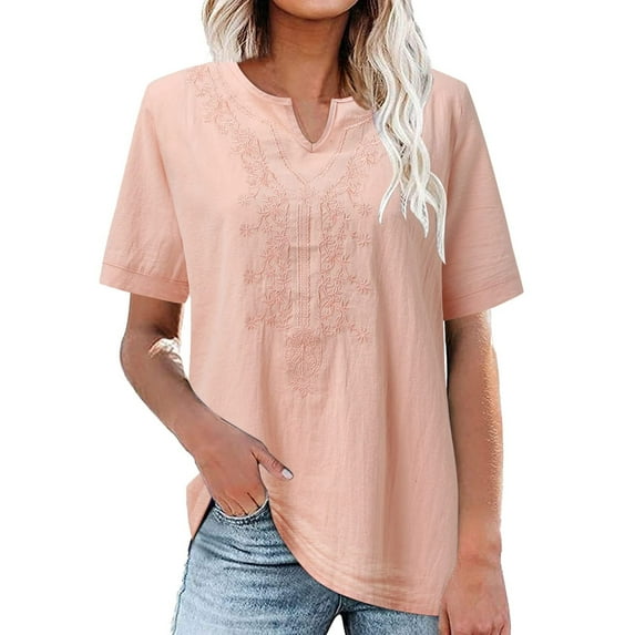 LMKIHUSA Women's Embroidered Blouse Cotton Linen Short Sleeve Tunic Tops Casual Notch V Neck Casual Loose Fit T-Shirt Summer 2024,Pink XXXL