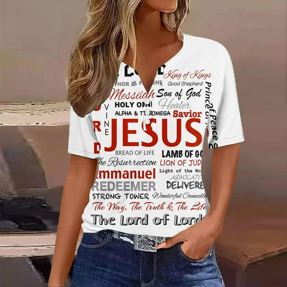 LMKIHUSA Women's Faith Jesus Print Short Sleeve Shirt Casual Loose Christian Jesus Graphic Button V Neck Tee Lightweight Breathable Tops,White XXXL