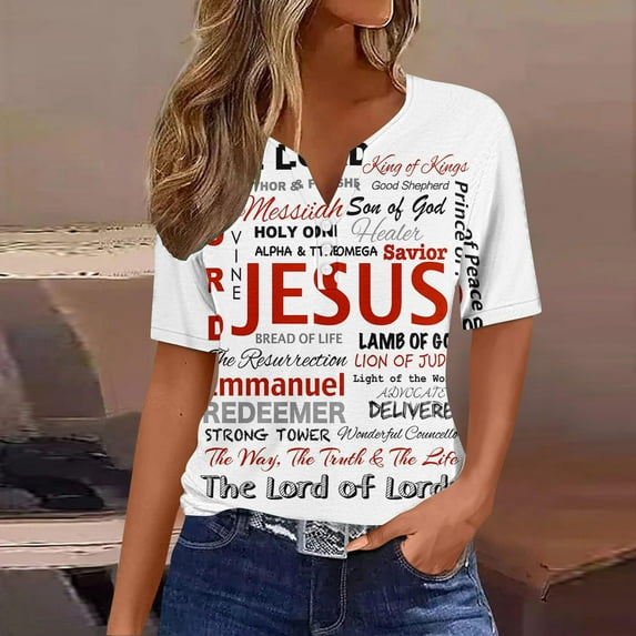 LMKIHUSA Women's Faith Jesus Print Short Sleeve Shirt Casual Loose Christian Jesus Graphic Button V Neck Tee Lightweight Breathable Tops,White XXXL