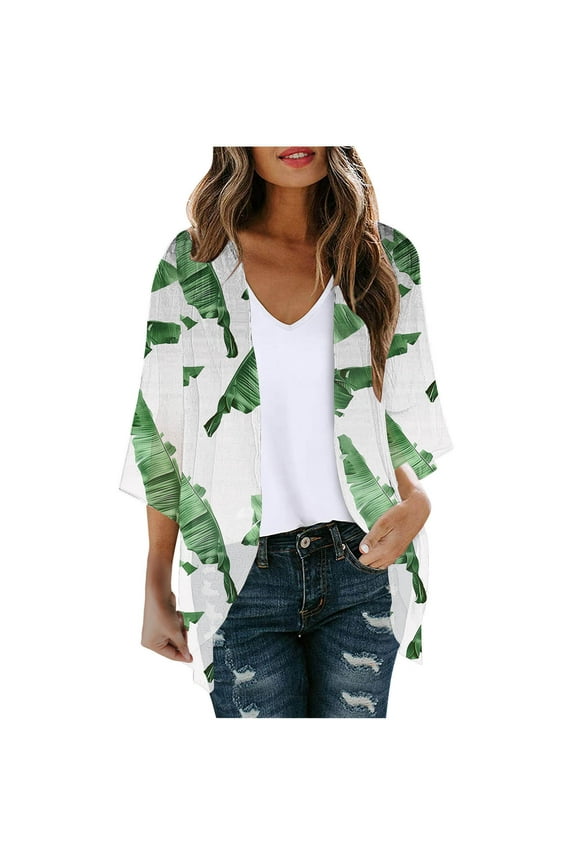 Women's Kimono Cardigans for Summer,Summer Lightweight Cardigan for Women 3/4 Sleeve Shrug Kimono Beach Cover Ups Boho Banana leaf Print Open Front Loose Chiffon Swimsuit Coverup,White