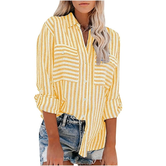 LMKIHUSA Womens Button Down Shirts Cotton Linen Striped Casual Dress Shirt Trendy Loose Fit Long Sleeve Collared Office Work Blouses Tops,Yellow,XL