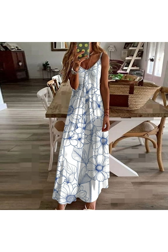 Womens Casual Summer Dress Spaghetti Strap Sleeveless Floral Print Empire Waist Maxi Dresses Sexy Beach Loose Long Sundress 2024,Blue M