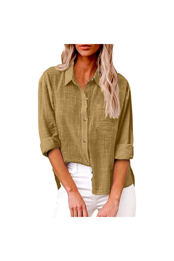 Womens Cotton Button Down Shirt Solid Color Casual Long Sleeve Loose Fit Collared Linen Work Plus Size Blouse Tops with Pocket 2024,Khaki Medium