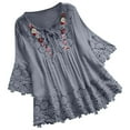 thumbnail image 1 of LMKIHUSA Womens Cotton Linen Tops Summer Boho Embroidered Mexican Peasant Blouse Plus Size Casual Lace Patchwork Bow V-Neck Tee Shirts,Gray,XXXL, 1 of 7
