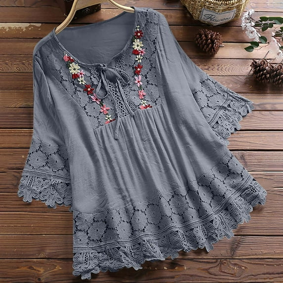 LMKIHUSA Womens Cotton Linen Tops Summer Boho Embroidered Mexican Peasant Blouse Plus Size Casual Lace Patchwork Bow V-Neck Tee Shirts,Gray,XXXXL
