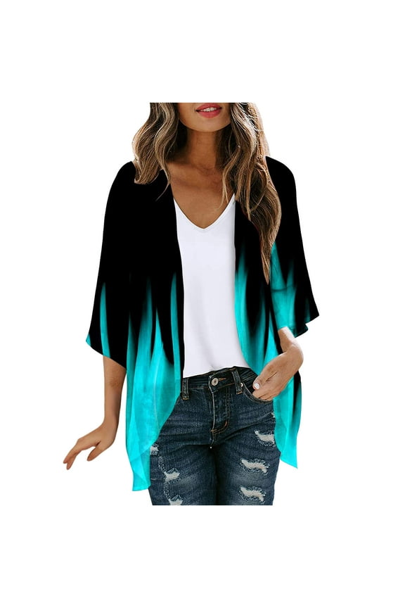 Womens Kimono Cover Ups Tops Tie Dye Summer Lightweight 3/4 Sleeve Cardigans Women Front Open Chiffon Shrug Beach Coverups Sheer Blouse Shirts Loose Bohemian Outfits,Blue,XXL