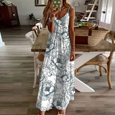 LMKIHUSA Womens Maxi Dresses Fashion Boho Floral Print V Neck Long Dress Casual Loose Fit Sleeveless Spaghetti Strap Sundress 2024 Summer Backless Dress,White XL