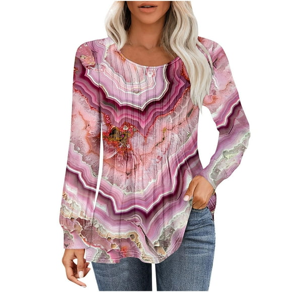 LMKIHUSA Womens Pleated Long Sleeve Shirt,Ladies Tops and Blouses Curved Hem Round Neck Pullover Shirts 2024 Fall Loose Fitted Casual Print Pleated Tunic Tops,Multicolor S
