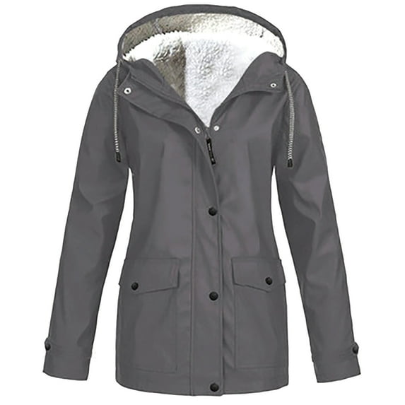 LMKIHUSA Womens Rain Jackets,Fleece Lined Rain Coat for Women Waterproof Long Sleeve Active Outdoor Rain Hooded Trench Coats Lightweight Zip Up Fall Winter Raincoat Windbreaker,Gray,S
