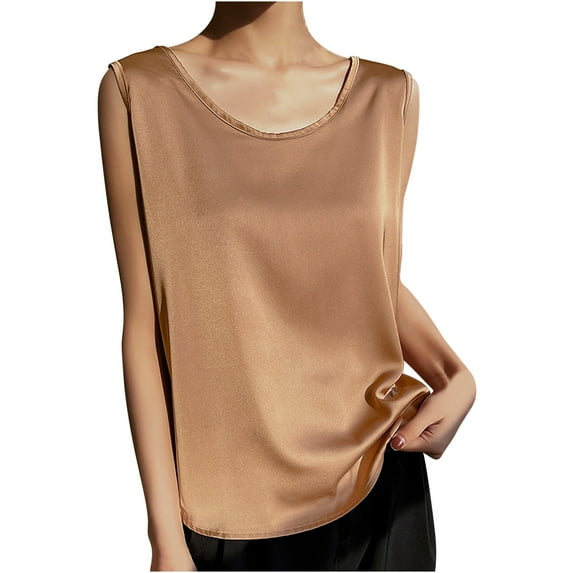 LMKIHUSA Womens Silk Tank Tops Sleeveless Round Neck Camisole Shirt Casual Satin Tunic Camis Blouse Summer Loose Tops Vest for Women,Khaki,L