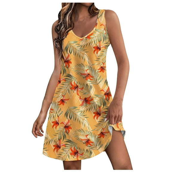 LMKIHUSA Womens Summer Dresses 2024 Loose Fit V Neck Sleeveless Sundresses Swimsuit Coverup with Pockets Fashion Floral Print Sundress,Yellow XXL