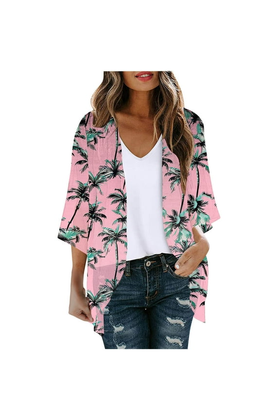 Womens Summer Kimono Cardigan,Chiffon Kimono Cardigan for Women 2024 Summer Trendy Palm Tree Print 3/4 Sleeve Open Front Loose Beach Wear Cover Up Lightweight Blouse Tops,Pink