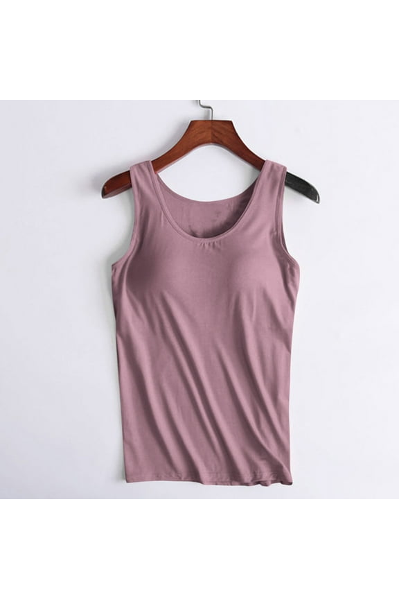 Womens Tank Tops with Built in Bras Padded Shelf Bra Top Sleeveless Round Neck Workout Yoga Athletic Shirts Solid Color Active Loungewear Vest,Purple,M