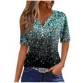 thumbnail image 1 of LMKIHUSA Womens Tops,Henley V Neck Button Down T Shirts for Women Gradient Sparkly Short Sleeve Casual Dressy Blouses 2024 Plus Size Tunics,Green M, 1 of 5