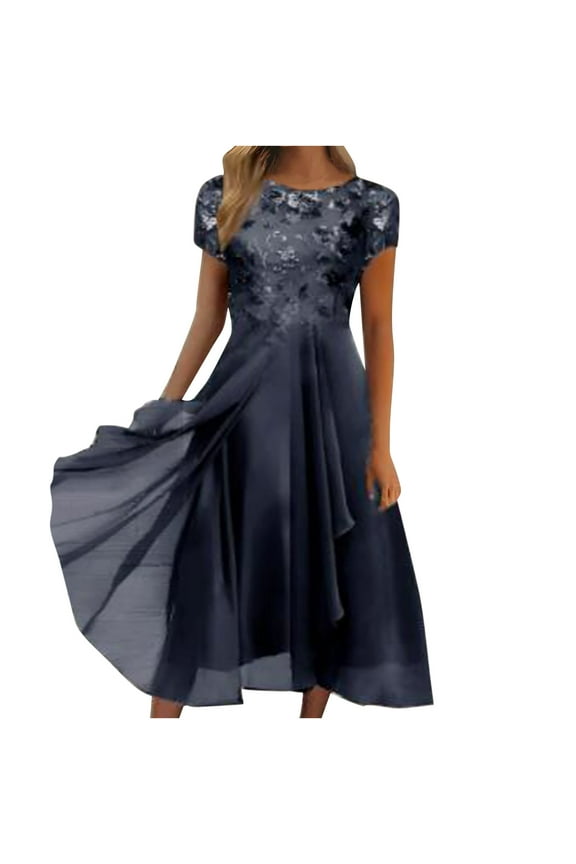 Womens formal Dresses,Mother of The Bride Dresses for Women Flowy Lace Chiffon Dress Elegant Formal Evening Party Gown for Wedding,Navy,XXXL