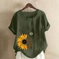 thumbnail image 1 of LMKIHUSA Workout Tops for Women Plus Size Oversized Crew Neck Linen Tops for Women 2024 Casual Sunflower Print Short Sleeve Cotton Blend Tee Shirts,Army Green XL, 1 of 5