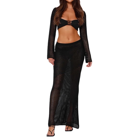LMLYSoH 2 Piece Set Women Hollow Out Knit Skirt Outfits Long Sleeve Square Neck Crop Tops + Long Skirts Female Sexy Beach 2pcs Sets