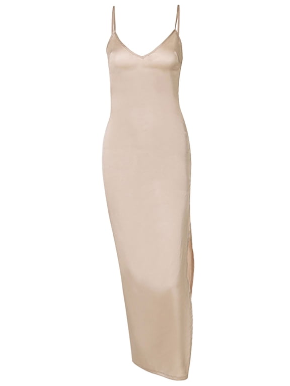 2022 Vintage Sexy Split Dress Women Sleeveless V Neck Dress Summer Evening Party Club Elegant Dresses Female Black/ Apricot