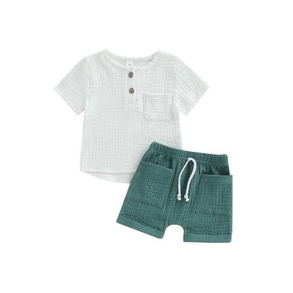 LMLYSoH 2Pcs Baby Boy Summer Outfits, Short Sleeve Button Down Pocket Tops + Shorts Set Toddler Clothes