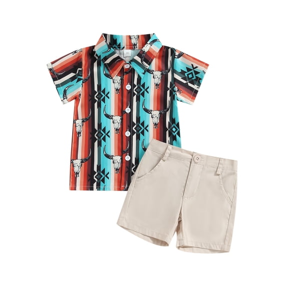 LMLYSoH 2Pcs Toddler Boys Summer Outfits, Short Sleeve Graphic Print Button Down Shirt + Shorts Set