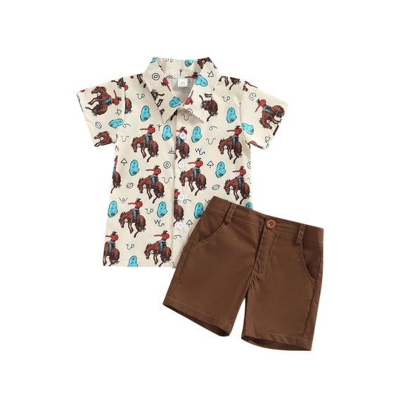LMLYSoH 2Pcs Toddler Boys Summer Outfits, Short Sleeve Graphic Print Button Down Shirt + Shorts Set