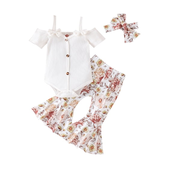 LMLYSoH 3Pcs Baby Girl Spring Outfits, Short Sleeve Cold Shoulder Romper + Flare Pants + Headband Set