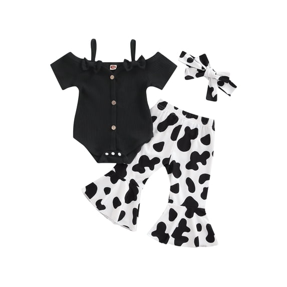LMLYSoH 3Pcs Baby Girls Romper Outfit, Sweet Style Bow Short Sleeve Suspender Jumpsuit + Irregular Spot Bell-bottomed Pants + Headwear