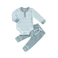 thumbnail image 1 of LMLYSoH Baby Boy 2Pcs Fall Outfits Long Sleeve Striped Print Romper + Pants Set Infant Warm Clothes, 1 of 9