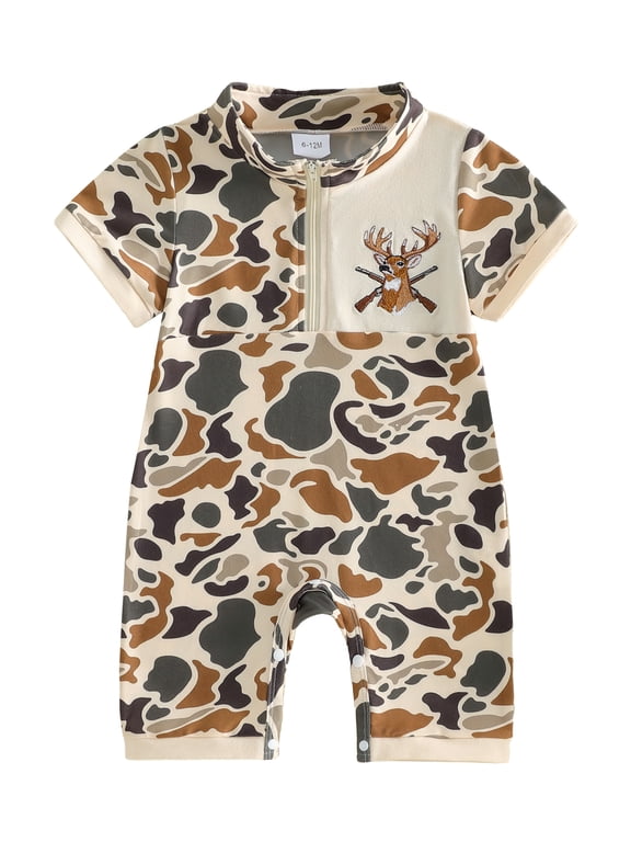 Baby Boy Summer Romper Casual Stylish Camouflage Duck/Deer Head Pattern Half Zip Up Short Sleeve Jumpsuit