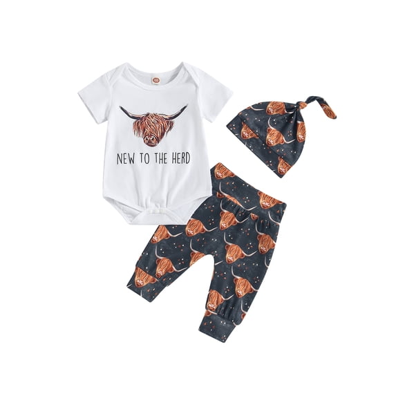 LMLYSoH Baby Boys 3PCS Pants Sets White Short Sleeve Romper Cattle Head Print Pants Hat Sets Summer Clothes