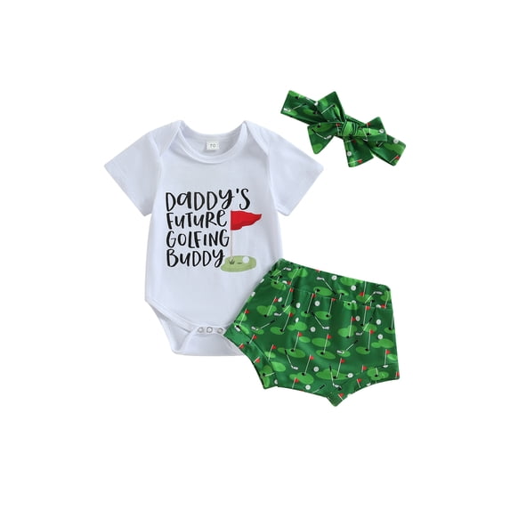 LMLYSoH Baby Boys Clothes Suits Letter Print Short Sleeve Crew Neck Romper Golf Print Shorts Headband 3Pcs Set